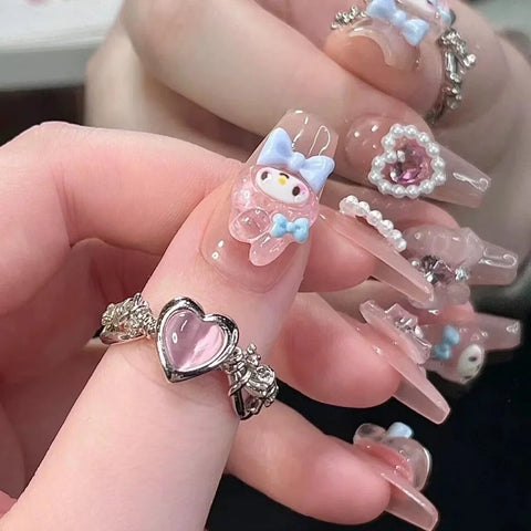 Cartoon pink Gel Press on Nails Beautiful Girl Kawaii Cute Nails Stick on Nails