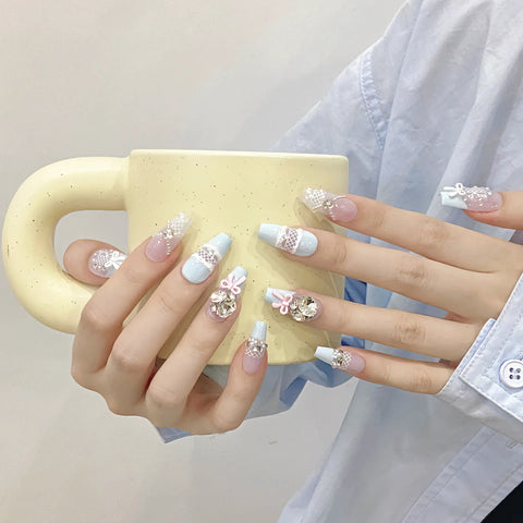 New Style  Sweet Blue Bow Detachable Nail Art Handmade Acrylic Reusable Glue Realistic Stick on Nails