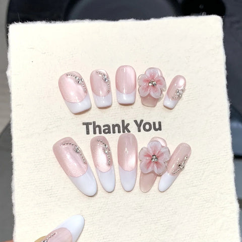 Handcrafted Manufacturer 3D Floral Cat-eye French Manicure That Highlights Fair Skin