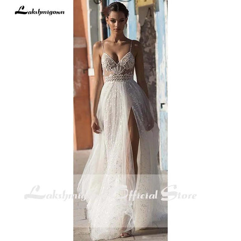 NumberSea Sexy Illusion Travel Wedding Dress Beach Wedding Gown with Pearls Beading Tulle Sweep Train Arab robe de mariee