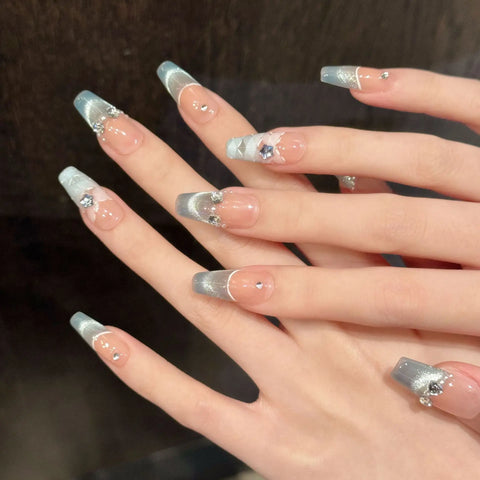 High-end Blue French Cat-eye Checkered Ice Translucent Skin-brightening Handcrafted Nail Extensions