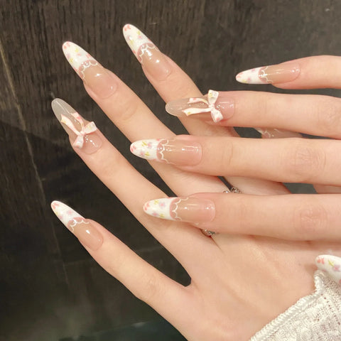 Hand-painted Floral Spring and Summer Bestseller French Blush Pure Desire, Fully Handcrafted Wearable Nails