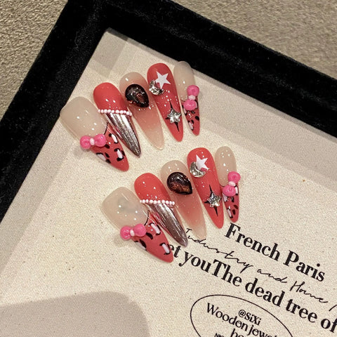 Uñas francesas de gel prensadas a mano, de lujo, con purpurina hermosa y personalizadas. 