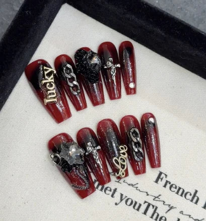Luxury Style Red 3D Handmade Full Covered Coffin False Nails Press on Nails
