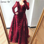 Weinrotes Abendkleid aus Samt mit langen Ärmeln, luxuriöses Design, Perlenbesatz, formelles Kleid 2024, Serene Hill, Übergröße LA60903 
