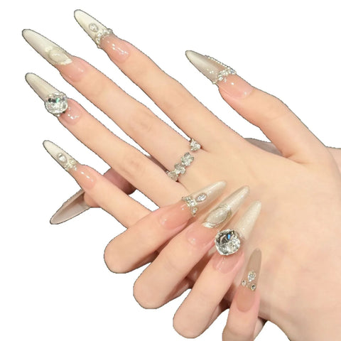 French Cat-eye Luxury Stacked Diamond High-end Style Handcrafted Wear-on Nails