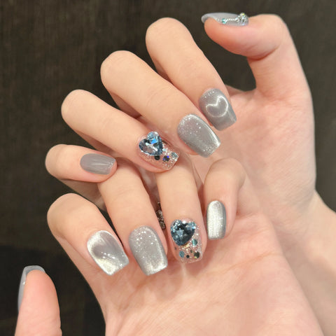 Wholesale Custom Blue Cat Eye Glitter Nails Luxury 10pcs Press on Nail Handmade Rhinestones Nail Charms