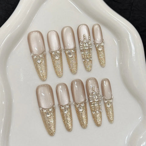 Own Brand Custom Design Nude Glitter French Manicure with Delicate Diamond Accents, Luxurious Long Handmade Nail