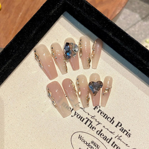 New Arriving Detachable Extra Long Gradient Handmade Nails Nude Rhinestone Luxury Press on Nails