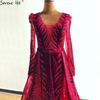 Weinrotes Abendkleid aus Samt mit langen Ärmeln, luxuriöses Design, Perlenbesatz, formelles Kleid 2024, Serene Hill, Übergröße LA60903 