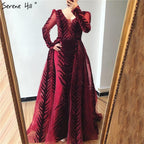 Weinrotes Abendkleid aus Samt mit langen Ärmeln, luxuriöses Design, Perlenbesatz, formelles Kleid 2024, Serene Hill, Übergröße LA60903 