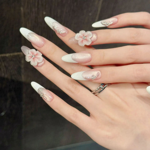 Handcrafted Manufacturer 3D Floral Cat-eye French Manicure That Highlights Fair Skin
