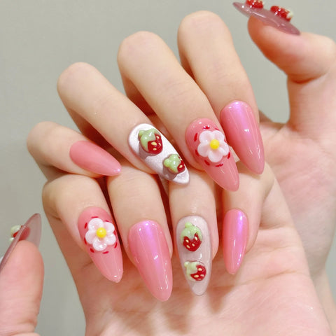 3D Press on Nails Hand-painted Strawberry Egg Flower Nails for Spring and Summer, Fully Handmade