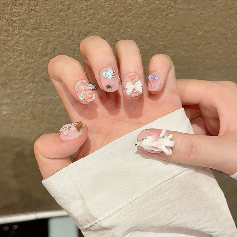 New Style Glitter Luxury Stick on Nails Short Nails Cute Bow Heart Diamond Press on Nails