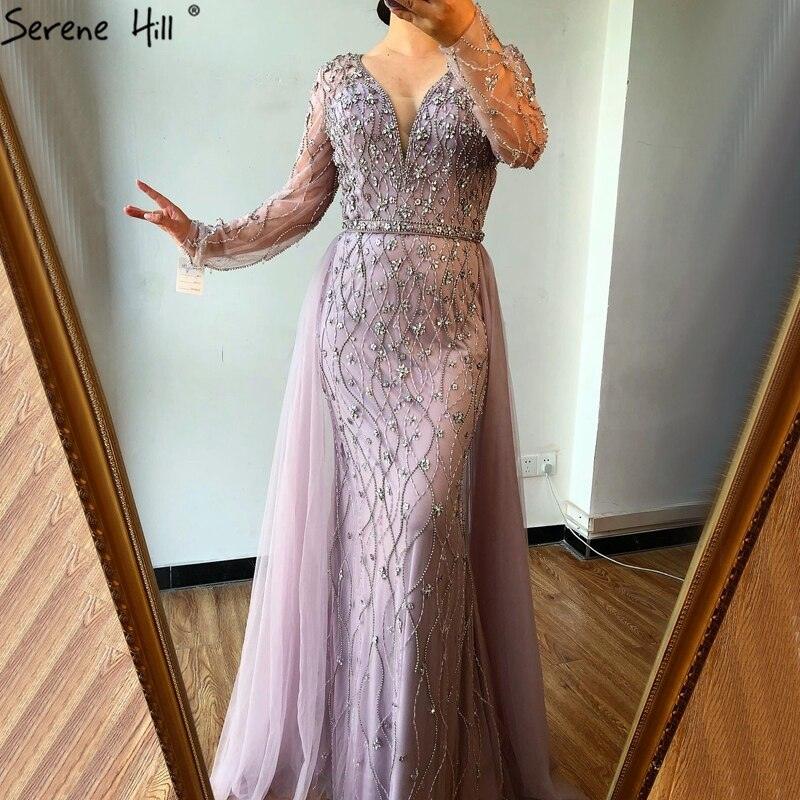 Dubai Luxury Grey With DetachableTrain Evening Dresses  Long Diamond Mermaid Beading Formal Dress Serene Hill LA70341