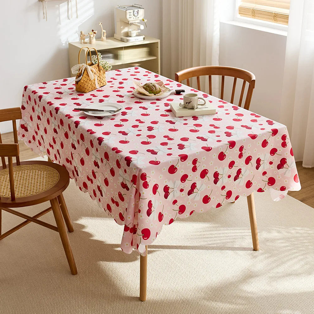 Cute cherry and bow print tablecloth, waterproof polyester fiber rectangular tablecloth, suitable for kitchen, catering, party decoration