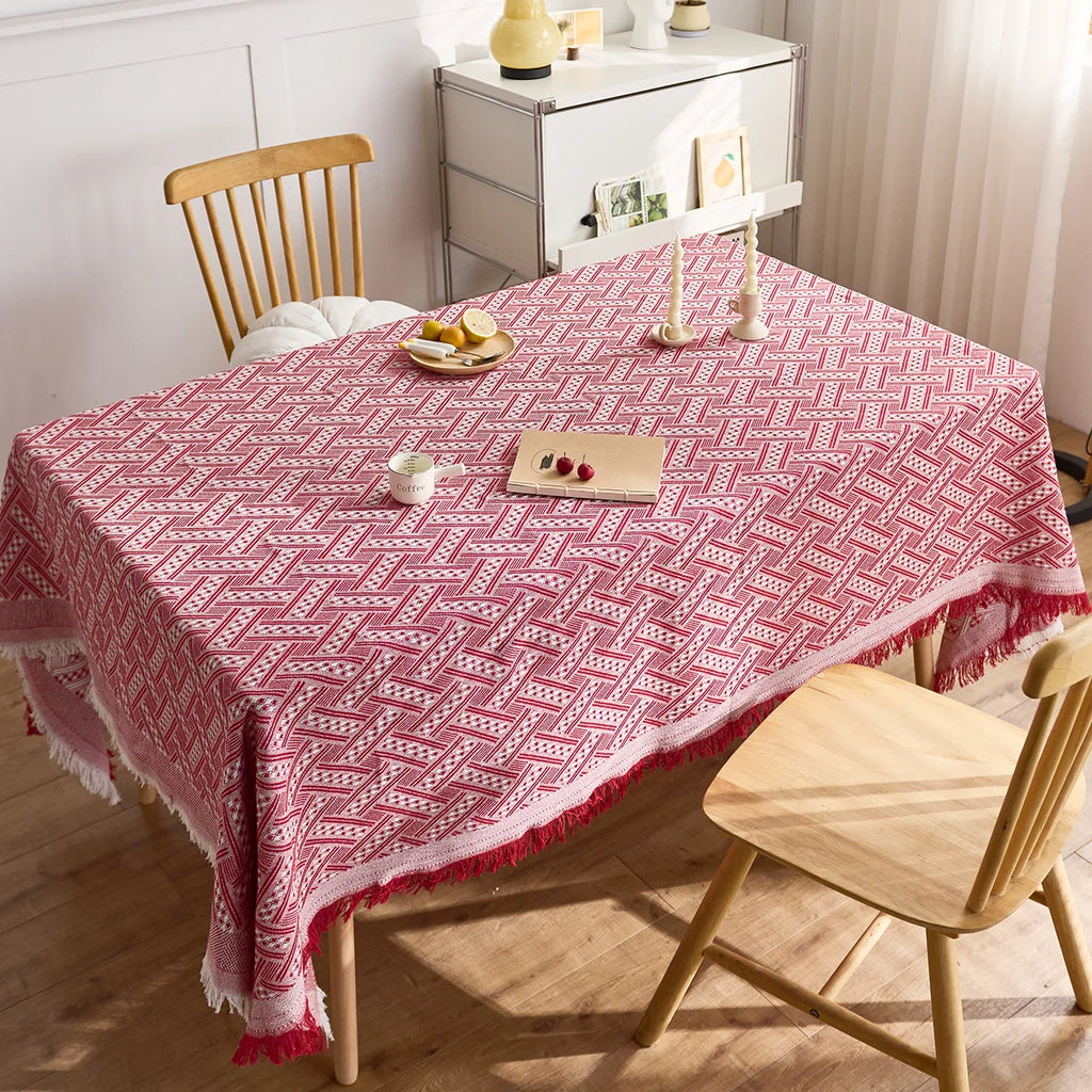 New customizable design tassel cotton and linen table cloth knitted T-plaid section red tablecloth