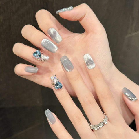 Wholesale Custom Blue Cat Eye Glitter Nails Luxury 10pcs Press on Nail Handmade Rhinestones Nail Charms