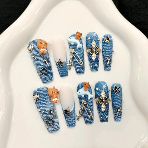 Vintage Denim Style Spicy Girl Black cat Long Handmade Nail Tips