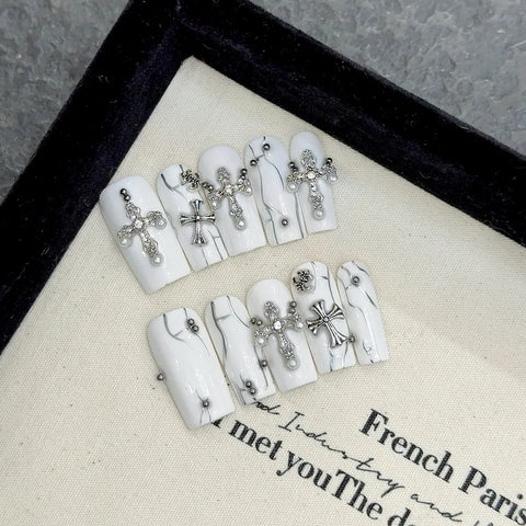 White Press on Nails Salon Cross Diamond Steel Beads Hot Girl Stick on Nails