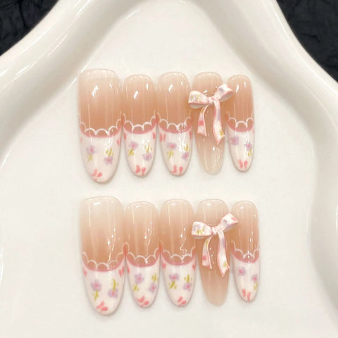 Hand-painted Floral Spring and Summer Bestseller French Blush Pure Desire, Fully Handcrafted Wearable Nails