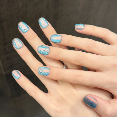 Hochwertige ozeanblaue Y2K-Nägel, kurz, rund, 10 Stück, zum Aufdrücken von Nägeln, handgefertigt, individuelles Logo, künstliche Acryl-Gel-Nägel 