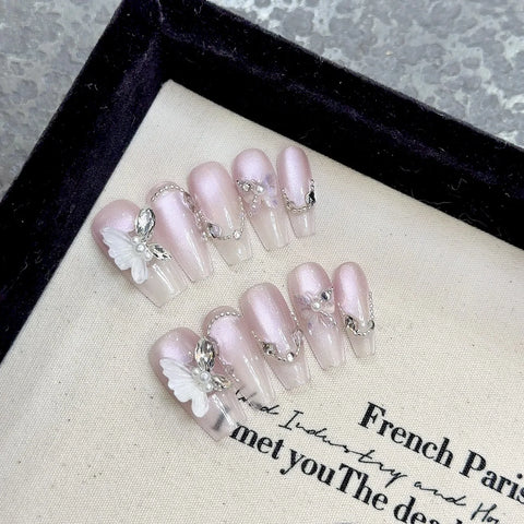 Hot Sale High Quality 10Pcs Jade Butterfly Floating Shadow  Hand Pressing Short Nails Luxury  Handmade Press on Nails