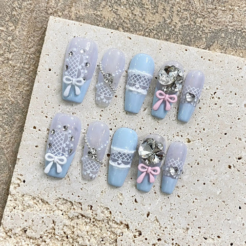 New Style  Sweet Blue Bow Detachable Nail Art Handmade Acrylic Reusable Glue Realistic Stick on Nails