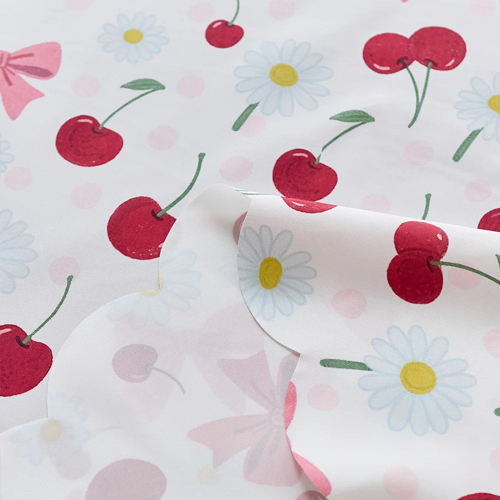 Cute cherry and bow print tablecloth, waterproof polyester fiber rectangular tablecloth, suitable for kitchen, catering, party decoration