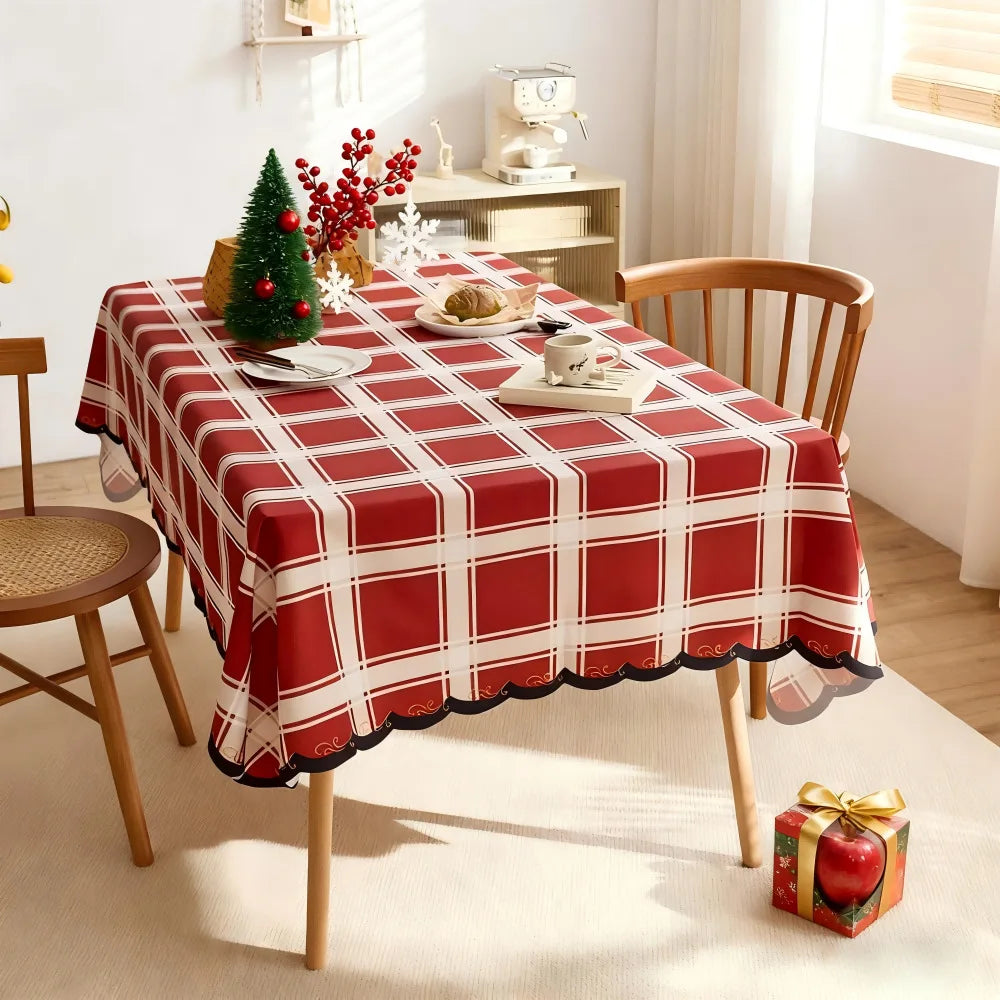 Modern red checkered design tablecloth print irregular shaped Christmas decorative tablecloth