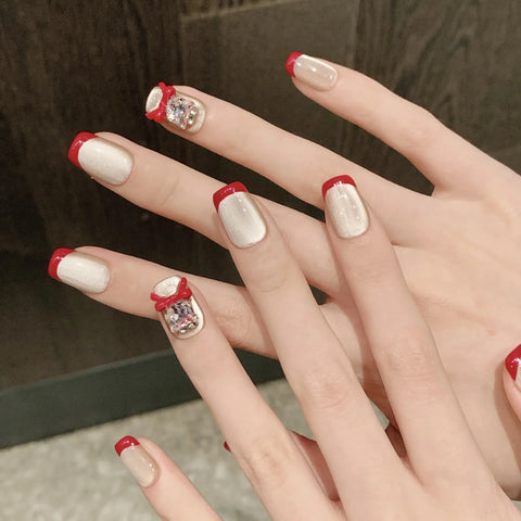 High Quality  Dense Cat-eye Minimalist Red French Short Everyday Handcrafted Nail Art