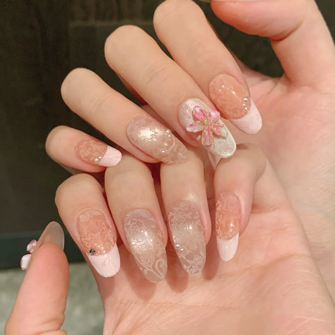 Exquisite Ice Flower Handcrafted 3D Peach pink French Spring and Summer Pure Handmade Nail Art