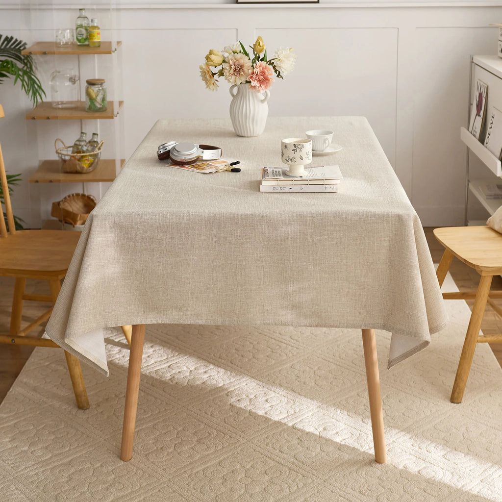 Beige solid linen appearance tablecloth, washable, rectangular 140cm wide tablecloth, suitable for outdoor dining decoration