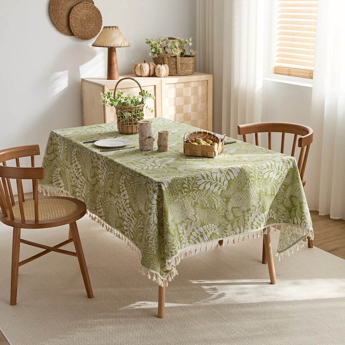 Pastoral Green Polyester/Cotton Printed Rectangular Reusable Washable Dustproof Tablecloth for Home Hotel & Outdoor Events