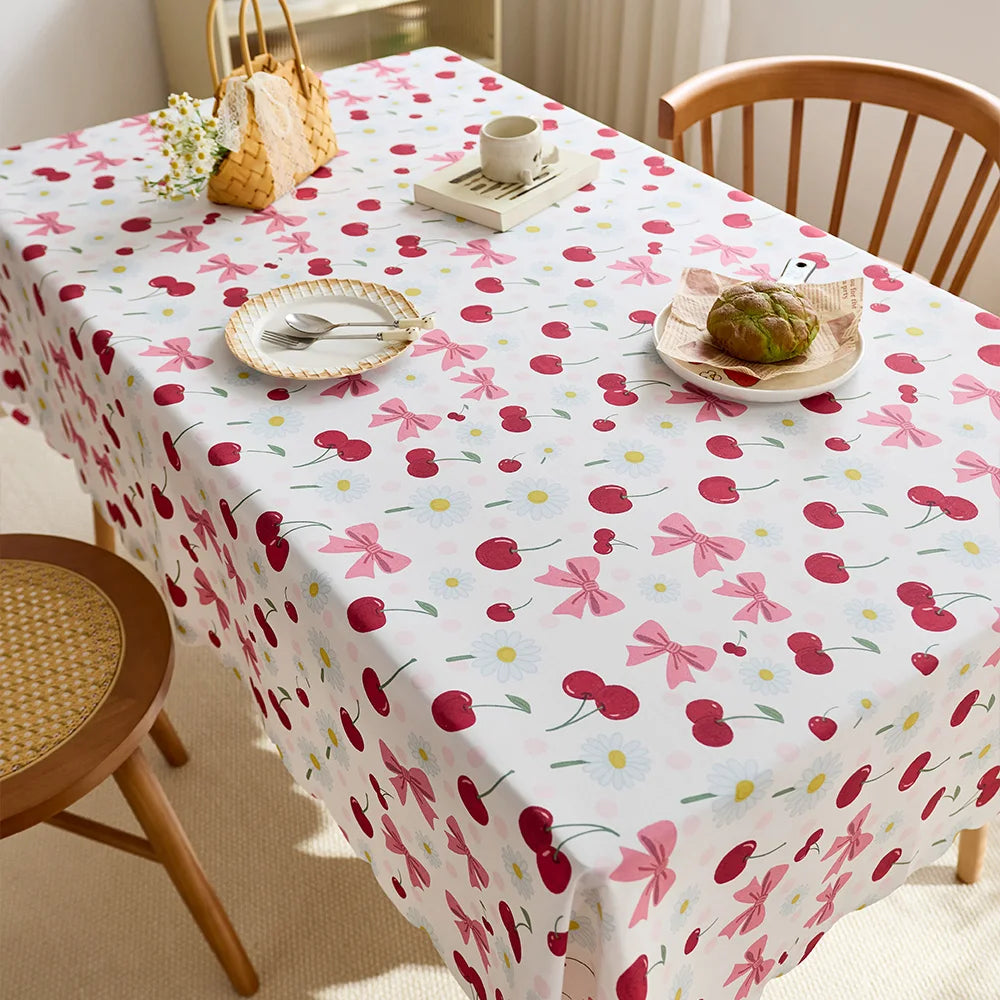 Cute cherry and bow print tablecloth, waterproof polyester fiber rectangular tablecloth, suitable for kitchen, catering, party decoration