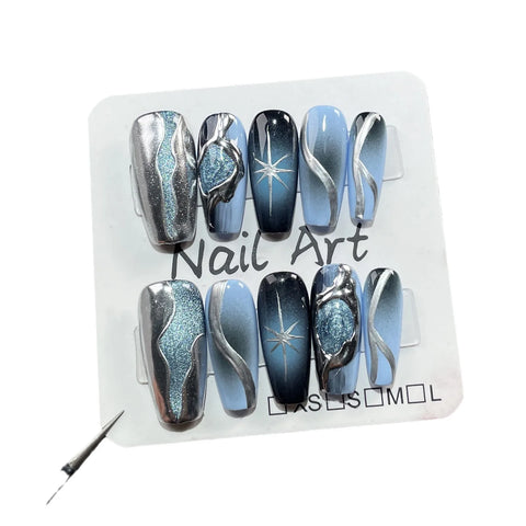 Black and Blue Gradient 3D High-end Spray Gun Medium-length Nail Stickers, Wearable Nail Decals