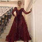 Weinrotes Abendkleid aus Samt mit langen Ärmeln, luxuriöses Design, Perlenbesatz, formelles Kleid 2024, Serene Hill, Übergröße LA60903 
