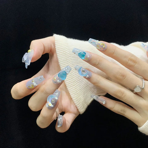 High-grade Luxury Gradient Blue Long Trapezoid Rhinestones Design False Soft Nails