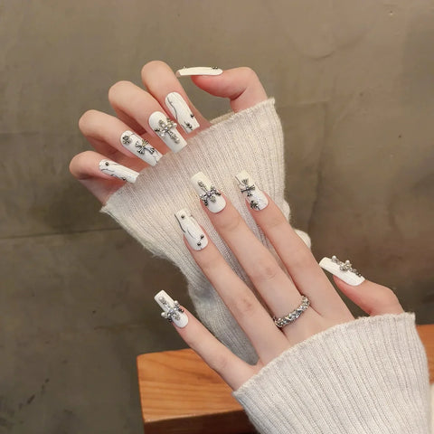 White Press on Nails Salon Cross Diamond Steel Beads Hot Girl Stick on Nails