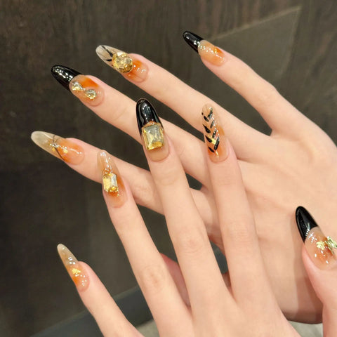 Autumn and Winter Amber Gradient French Gold Foil Long False Nails
