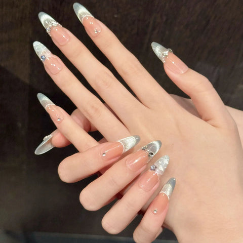 High-end Blue French Cat-eye Checkered Ice Translucent Skin-brightening Handcrafted Nail Extensions