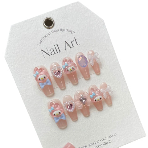 Cartoon pink Gel Press on Nails Beautiful Girl Kawaii Cute Nails Stick on Nails