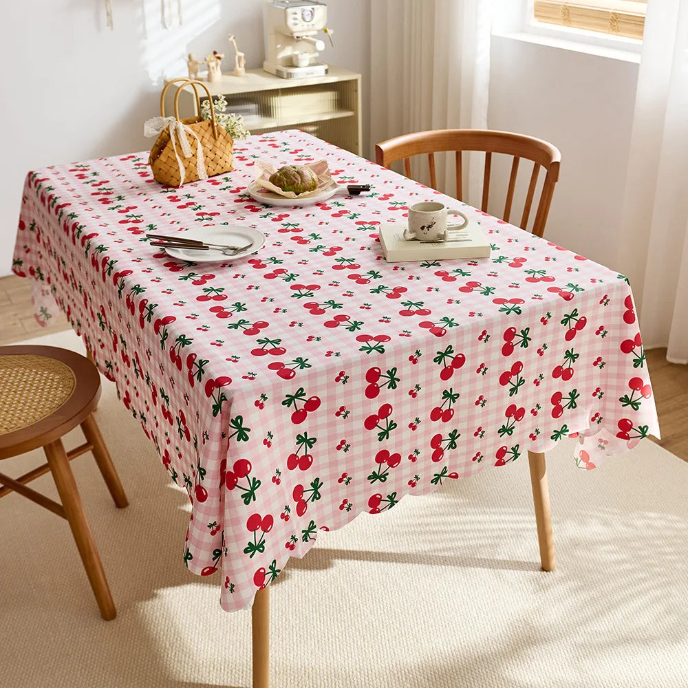 Cute cherry and bow print tablecloth, waterproof polyester fiber rectangular tablecloth, suitable for kitchen, catering, party decoration