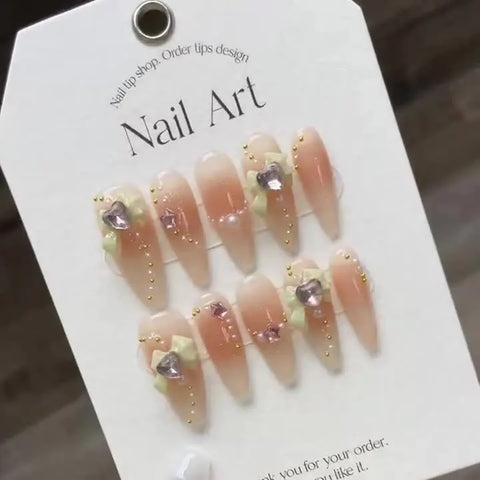 Luxury Diamond Gel Press on Nails Bow Pearl Glitter Stick on Nails