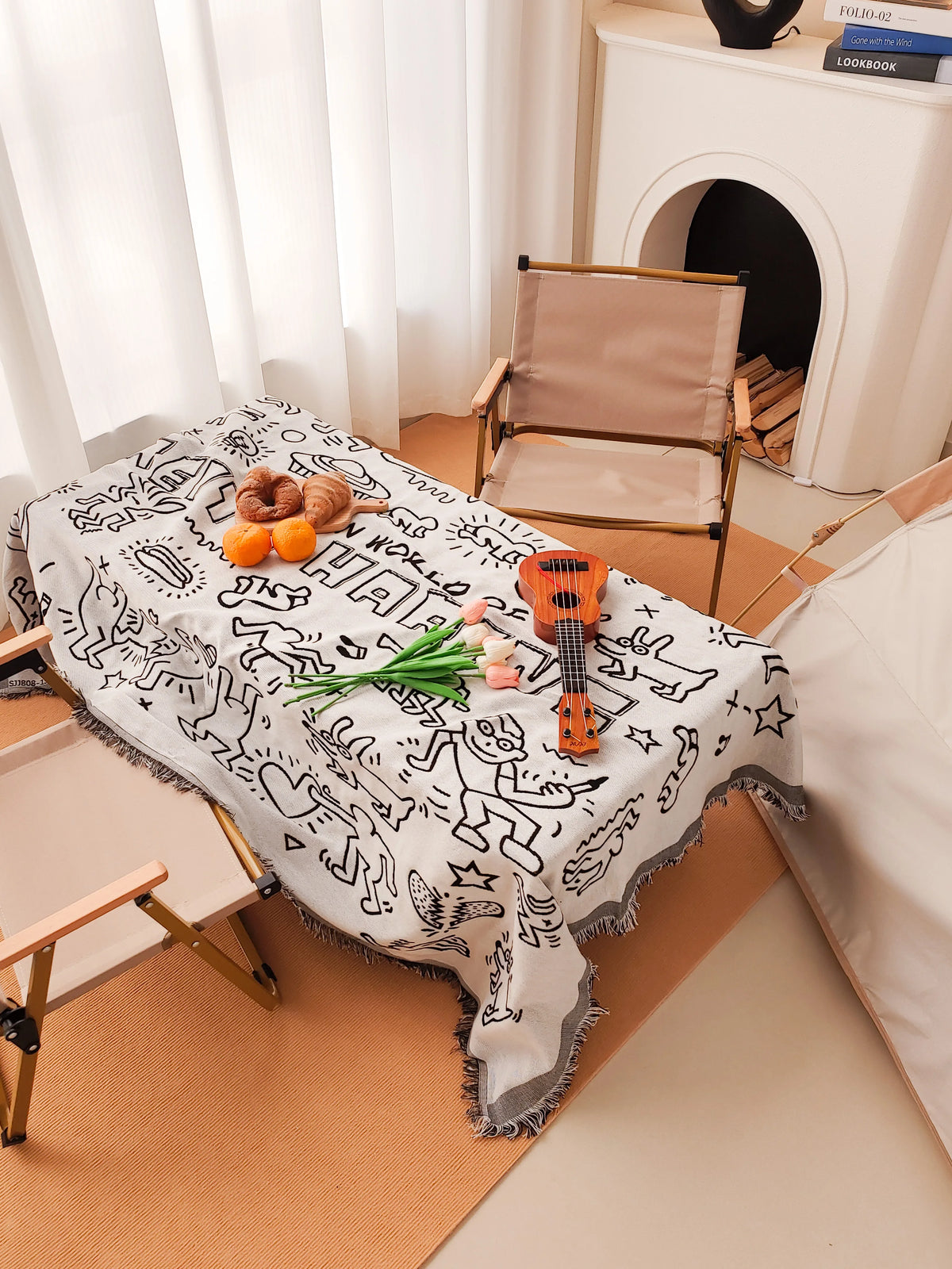 Printed reversible camping blanket black and white briquettes abstract geometric cover tablecloth