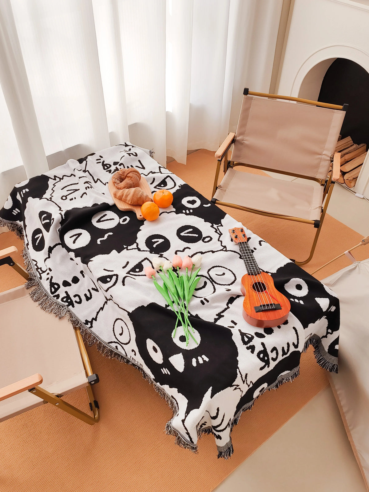 Printed reversible camping blanket black and white briquettes abstract geometric cover tablecloth