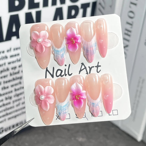 Hand-made Sweet French Blush Nails, Ice-clear Three-dimensional Carved Long Nail Art Patches