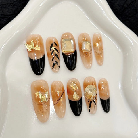 Autumn and Winter Amber Gradient French Gold Foil Long False Nails