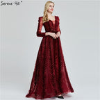 Weinrotes Abendkleid aus Samt mit langen Ärmeln, luxuriöses Design, Perlenbesatz, formelles Kleid 2024, Serene Hill, Übergröße LA60903 