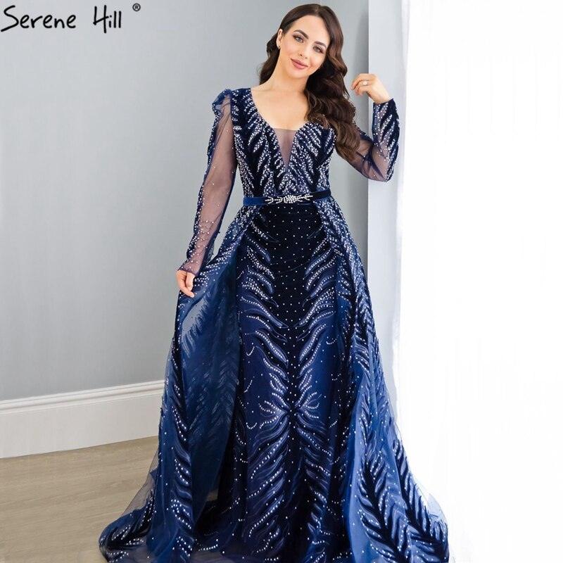 Weinrotes Abendkleid aus Samt mit langen Ärmeln, luxuriöses Design, Perlenbesatz, formelles Kleid 2024, Serene Hill, Übergröße LA60903 